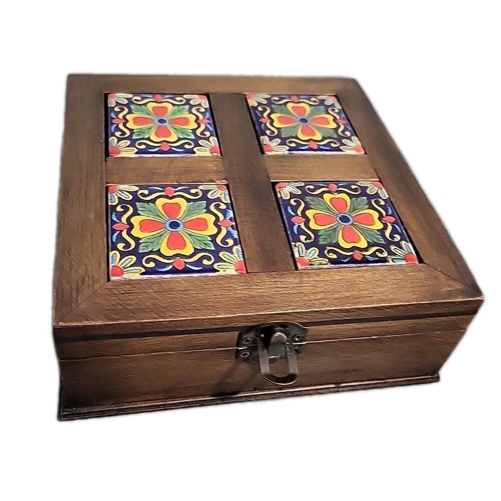 Ceramic Tile Top Wood Storage Trinket Jewelry Decor Rustic Box Mexico 6.5"x6.5"